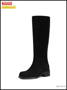 Suede Square Toe Chunky Block Low Heel Knee High Boots